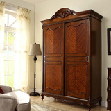 美式推拉门衣柜实木卧室木质衣橱整体组装欧式移动两门大衣柜简易