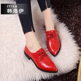 2016欧美春秋新款时尚尖头英伦系带红色牛皮方跟低跟女士深口单鞋