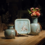 欧式个性田园陶瓷三件套花瓶装饰方盘美式复古摆件电视柜玄关饰品