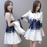 2016春季新款韩版名媛印花裙子七分袖小外套修身两件套连衣裙套装