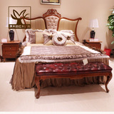 红木刺猬紫檀欧式双人床头层牛皮带软靠大床实木真皮大床/床尾凳