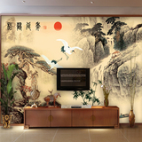 山水国画松鹤延年大型壁画中式古典茶室水墨壁纸电视客厅背景墙纸