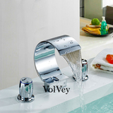 Volvey全铜欧式双把三孔瀑布式面盆龙头冷热洗脸盆台盆水龙头
