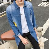 2016秋季新款牛仔衬衫男长袖韩版青少年男士衬衣服潮中长款外套薄