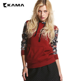 卡玛KAMA 冬装女装彩色印花拼接连帽套头卫衣女休闲外套 7414651