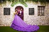 2015展会新款影楼主题服装情侣外景写真紫色大拖尾婚纱摄影礼服