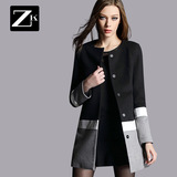 ZK2016冬装新款毛呢外套女中长款冬季外套拼接毛呢大衣呢子大衣潮
