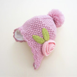 出口外贸原单0-1岁女宝宝加厚保暖毛线帽2-3岁儿童针织花朵护耳帽