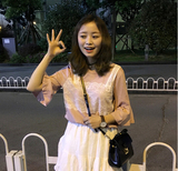 韩国新款蕾丝吊带假两件拼接少女粉嫩色喇叭袖T恤衫