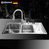德国Continental厨房洗菜盆带刀架垃圾桶双槽304不锈钢带龙头套餐