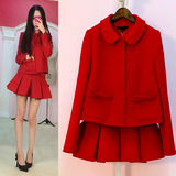 秋冬新款韩版女修身短款呢子外套 红色小香风羊毛呢套装裙两件套