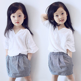 韩版 夏季新款女童套装气质小V领清新短袖T恤+千鸟格子短裙两件套
