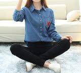 2016春季少女韩版学院风卡通贴布初中学生牛仔上衣女衬衣打底衬衫
