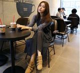 2016韩版雪纺长袖波西米亚大码新款圆领修身显瘦时尚连衣裙长裙
