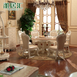 雅居汇 欧式餐桌大理石圆形带转盘可旋转实木餐桌橡胶木美式家具