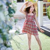 韩国女童16夏新款格子连衣裙 中大童木耳边背带裙儿童吊带公主裙