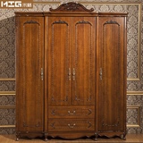 卧室家具美式四门衣柜实木深色复古做旧榉木平拉四门大衣橱2米