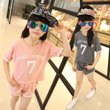韩国代购 2016夏新款女童两件套韩版数字时尚中大童休闲运动套装