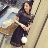 香港欧时力代购公司ochonnaly 2016夏新款黑色短袖镂空蕾丝连衣裙