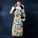 XPP2015冬装新款冬季女装花色大毛领长款加厚修身时尚鹅绒羽绒服