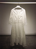 V领七分袖清新棉质韩国单显瘦长裙 16新款欧美外贸原单白色连衣裙
