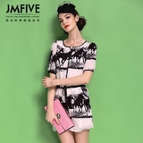 JMFIVE2016春夏装新款欧洲站女装潮桑蚕丝印花短袖修身真丝连衣裙