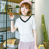 夏季白色通勤新款韩版双V领纯色针织短袖女修身弹力短款打底衫