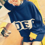 冬季韩版学生毛衣套头女中长款学院风拼色字母线衣加厚衣服外套潮
