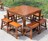 实木餐桌椅组合方形饭桌方凳碳化火烧木马鞍凳面馆农家乐桌椅066