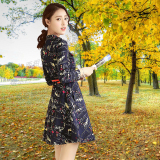 2016流行秋季女装 韩版修身弹力印花牛仔长袖连衣裙 V领中裙
