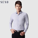 Seno男士英伦小格子蓝色舒适棉质长袖衬衫 时尚小方领修身衬衣