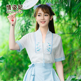 绣花茶人服短袖中式服装中国风改良汉服对襟系带复古汉元素上衣