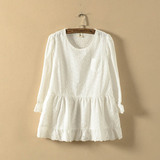 C516新款秋季甜美圆领公主袖长袖白色刺绣棉质裙式衬衣女修身版