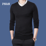 PNAN秋装新款男装针织衫韩版假两件线衣薄衬衫领潮男士毛衣 黑色