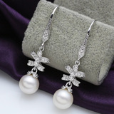 时尚靓丽 天然贝珠母贝珍珠耳环 正圆 925纯银长款耳钩 气质优雅