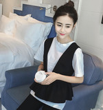 2016夏装新款韩版短袖T恤百褶黑白拼色背心两件套装女装圆领包邮
