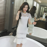 韩国夏季大码修身中长款连衣裙短袖针织蕾丝拼接包臀鱼尾裙女礼服