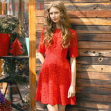 【预售】2016春装新款修身显瘦镂空红色蕾丝连衣裙中长款打底裙女