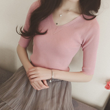 2016春装新款中袖针织衫女韩版V领五分袖纯色打底衫修身套头上衣