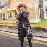 Y 2015冬季新款韩版女装连帽带毛领长袖印花字母中长款棉衣外套