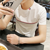 V37夏季男装男士条纹短袖T恤韩版潮男修身青年圆领半袖体恤打底衫
