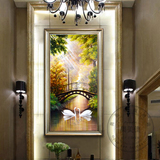 现代过道欧式玄关装饰画手绘欧式风景挂画客厅壁画竖版天鹅湖油画