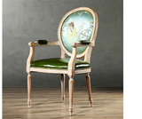 特价美式乡村实木雕刻圆背餐椅扶手沙发椅布艺印花小鸟椅军绿色
