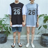 夏季韩国ulzzang情侣装运动风假两件数字印花短袖T恤qlz宽松球衣