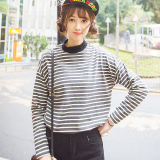 春装新款女装2016韩版针织条纹纯棉T恤女长袖学生宽松修身打底衫
