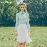 春季女装新品日系韩版欧美范甜美蝴蝶结粉绿色长袖衬衫上衣上班族