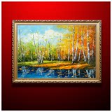 湖畔白桦林风景 欧式油画手绘带框画装饰画 现代简约客厅书房挂画