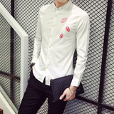 秋季男士长袖衬衣潮流印花英伦韩版修身青年纯色白衬衫休闲衣服男