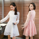 韩版时尚纯色蕾丝修身宽松圆领长袖公主裙灯笼袖连衣裙2016年秋季