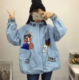2016春装新款韩国原宿BF风学生风衣女卡通印花贴布夹克宽松短外套